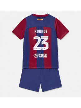 Otroški Nogometna dresi replika Barcelona Jules Kounde #23 Domači 2023-24 Kratek rokav (+ hlače)
